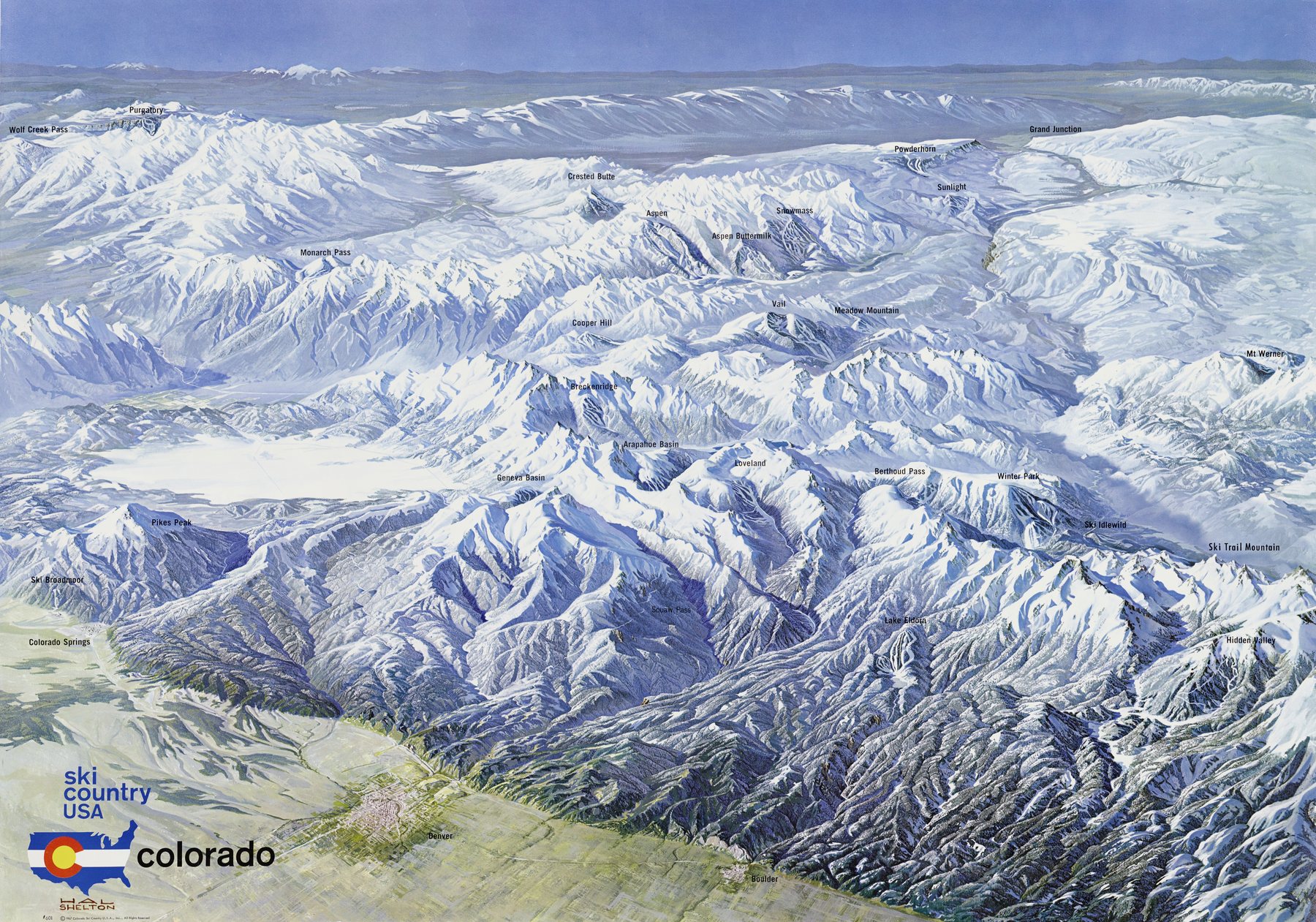 Hal Shelton's painted panorama of Colorado's ski country, looking south-west from above the plains across the snow-covered Rockies